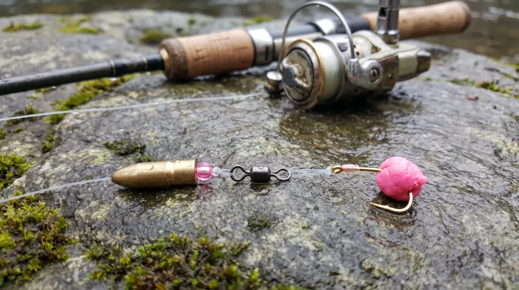 Carolina rig fishing setup with bullet weight, bead, swivel, and pink power bait for Oregon trout fishing