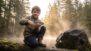 Kid holding a small stocked rainbow trout at a quiet Oregon pond at sunrise