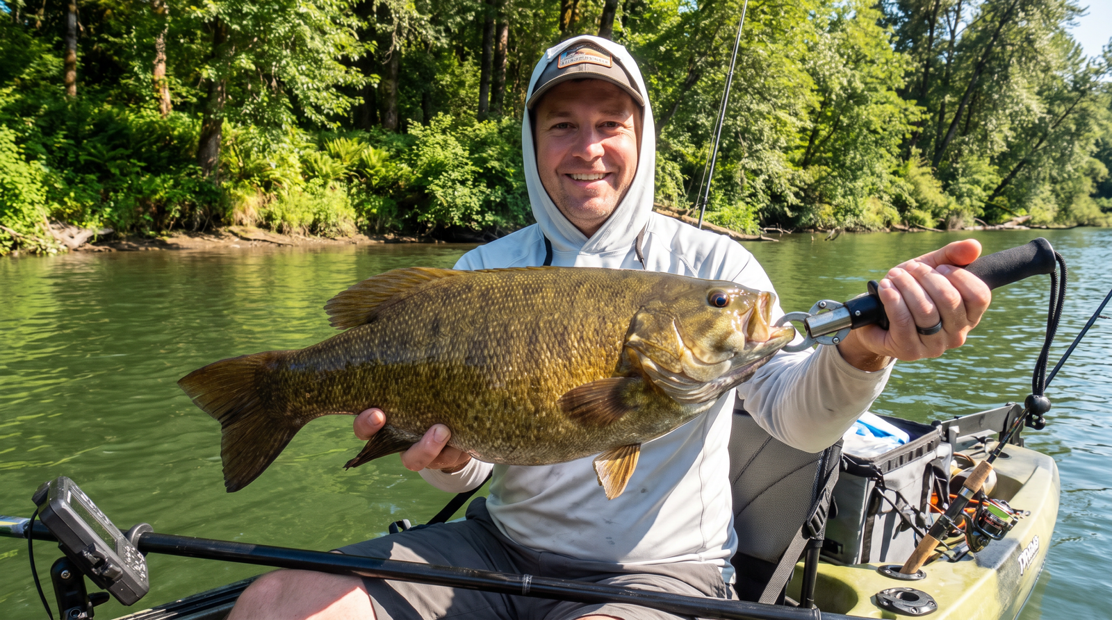 Angler holding a fat Willamette River smallmouth bass caught from a kayak in Oregon