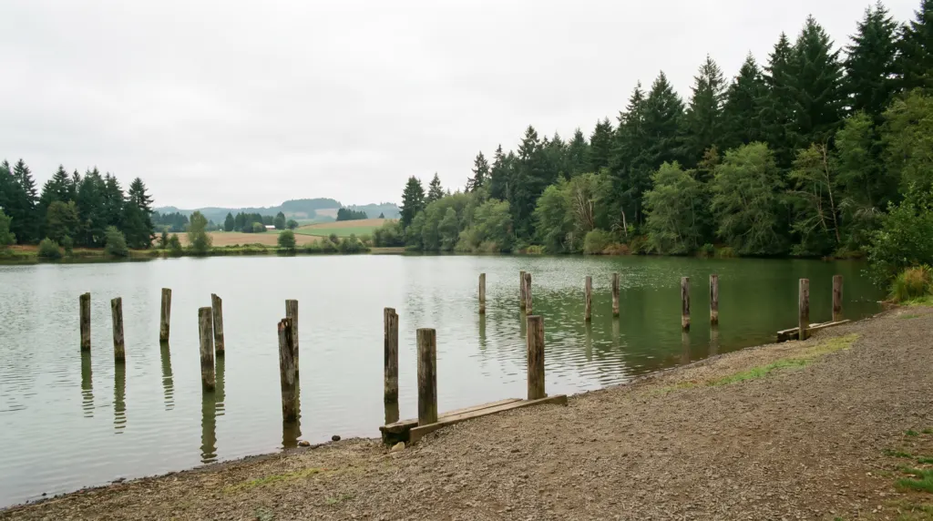 Small rural Oregon stocked trout pond with wooden dock pilings, ideal for beginner fishing