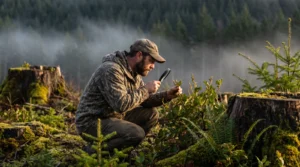 Hunter crouched examining deer-browsed salal at the edge of an Oregon Coast Range clearcut at golden hour
