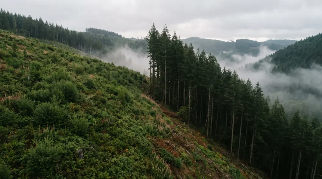 Aerial view of an Oregon Coast Range hillside showing the transition edge between young clearcut regrowth and mature closed-canopy timber