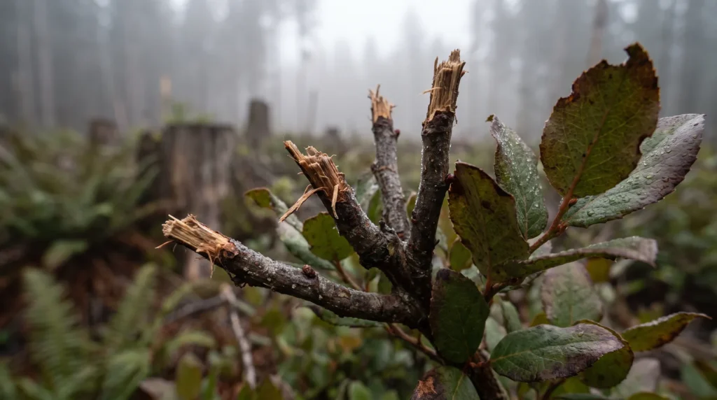 Close-up of ragged, torn deer-browsed twig tips on salal and huckleberry, confirming active feeding sign