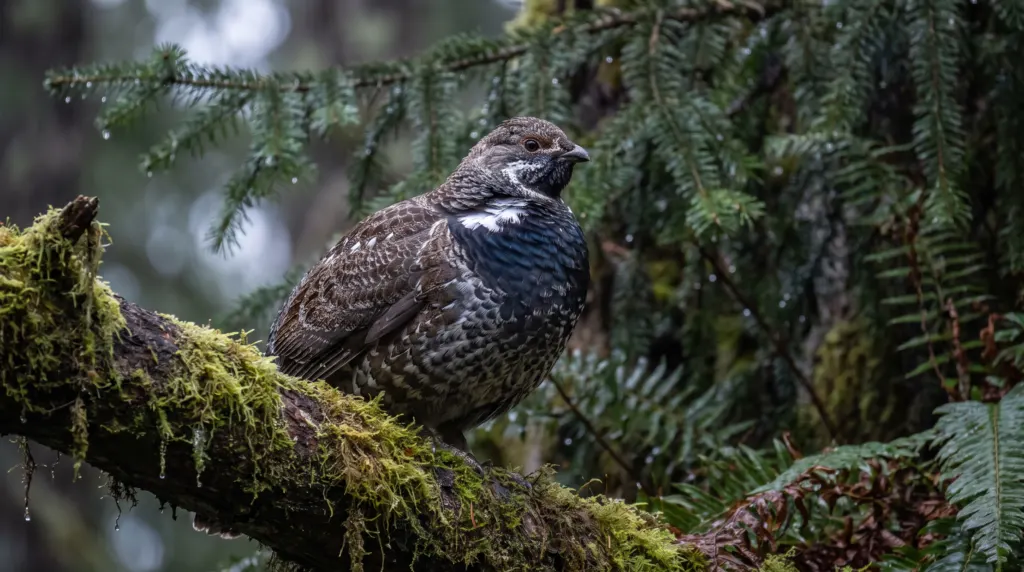 Sooty grouse perched on a mossy log in Oregon Coast Range ridge-top conifer habitat