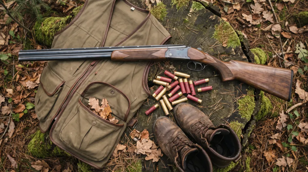 Upland bird hunting gear for Oregon grouse: 20-gauge shotgun, vest, shells, and boots