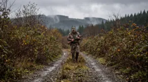Upland bird hunter walking a brushy logging road for grouse in the Oregon Coast Range