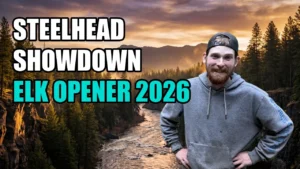 Road Hunter Podcast Episode 41 thumbnail: Steelhead Showdown and Archery Elk Opener 2026, host standing in an Oregon Coast Range clearcut