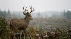 Mature Columbia blacktail buck standing alert at a brushy Oregon Coast Range clearcut edge with cut logs in the foreground