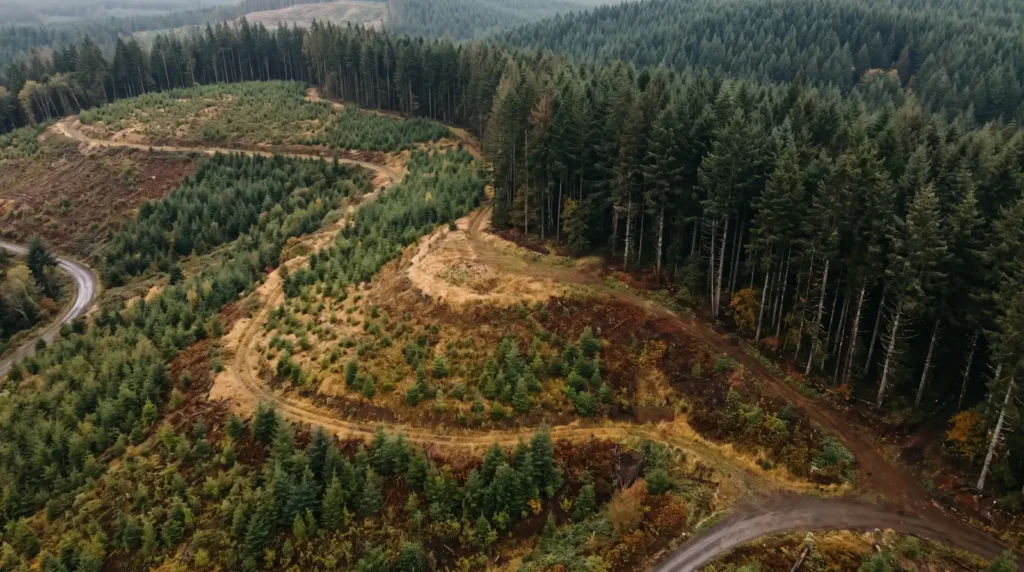 Aerial view of an Oregon Coast Range clearcut edge where open regrowth meets dense timber, showing a bench and saddle