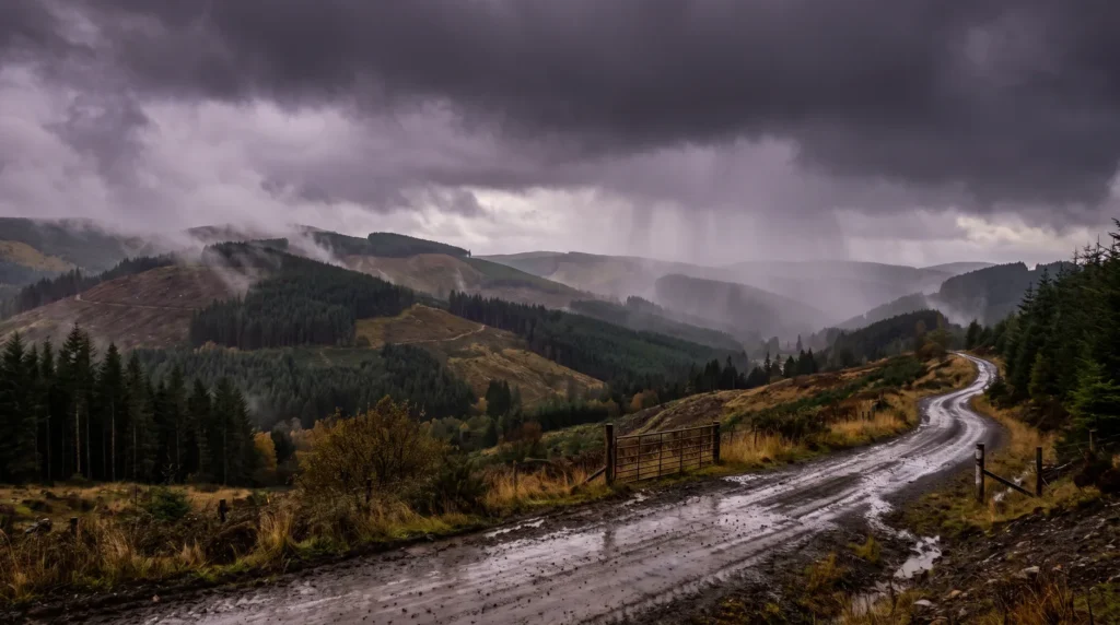 A rain front moving in over an Oregon Coast Range logging road and timber hillside in October