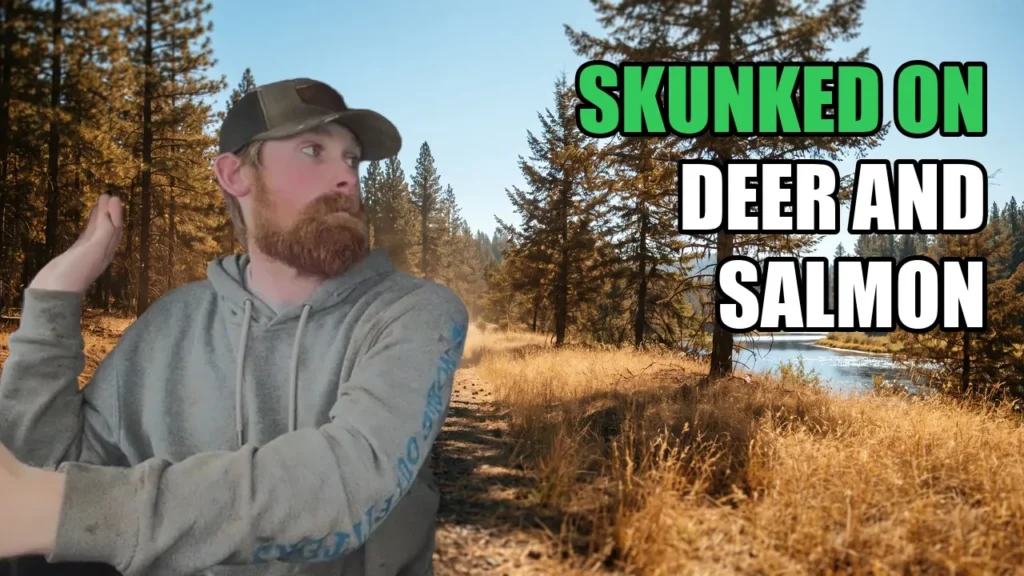 Bearded hunter shrugging on a sunny, dry Oregon logging road next to the words Skunked on Deer and Salmon, Road Hunter Podcast Episode 43 thumbnail